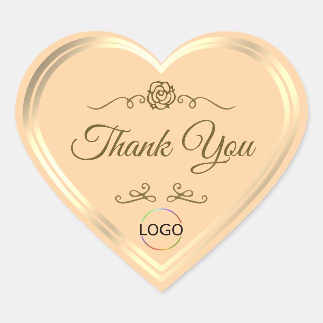 Light Peach with Gold Frame and Logo Thank You Heart Sticker (Front)
