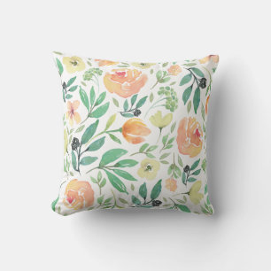 Light Peach & Yellow Watercolors Flowers Pattern Throw Pillow