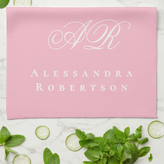 Light Peony Pink Monogram Name Minimalist Stylish Kitchen Towel (Folded)