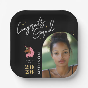 Light Pink Afro Unicorn Graduation Paper Plate