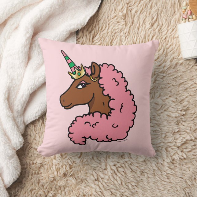 Light Pink Afro Unicorn Throw Pillow (Blanket)