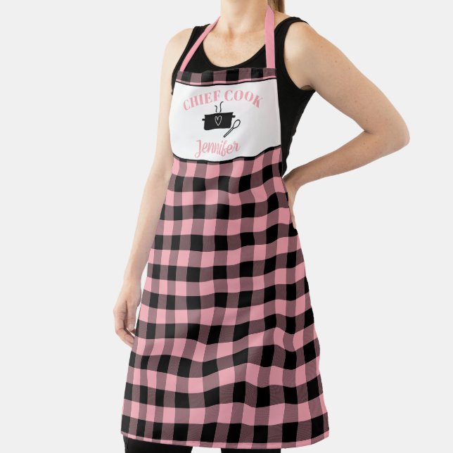 Light Pink and Black Cook Buffalo Plaid Pattern Apron (Insitu)