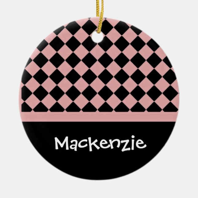 Light  Pink and Black Diamonds Custom Name Ceramic Ornament (Front)