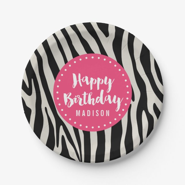Light Pink and Black Zebra Stripe Birthday Party Paper Plate (Front)