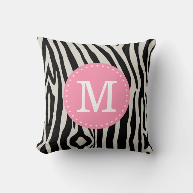 Light Pink and Black Zebra Stripe Custom Monogram Throw Pillow (Front)