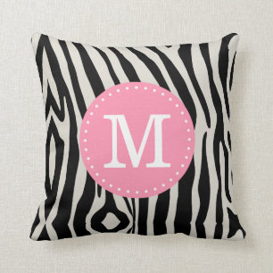 Light Pink and Black Zebra Stripe Custom Monogram Throw Pillow