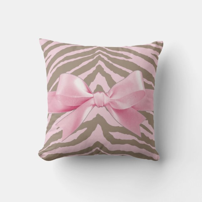 Light Pink and Brown Zebra w/ Ribbon Bow Throw Pillow (Front)