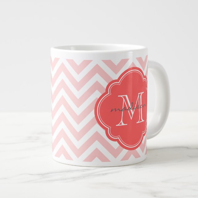 Light Pink and Coral Chevron Custom Monogram Large Coffee Mug (Front Right)