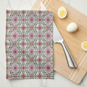 Light Pink and Green Floral Tile Pattern Pretty Kitchen Towel