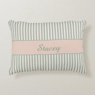 Light Pink and Green Striped Custom Name Accent Pillow