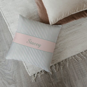 Light Pink and Green Striped Custom Name Throw Pillow