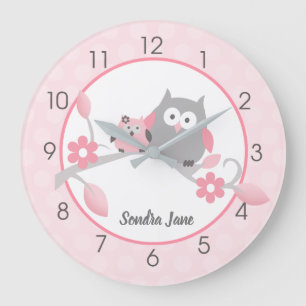 Light Pink and Grey Happy Owls Girl Nursery Large Clock