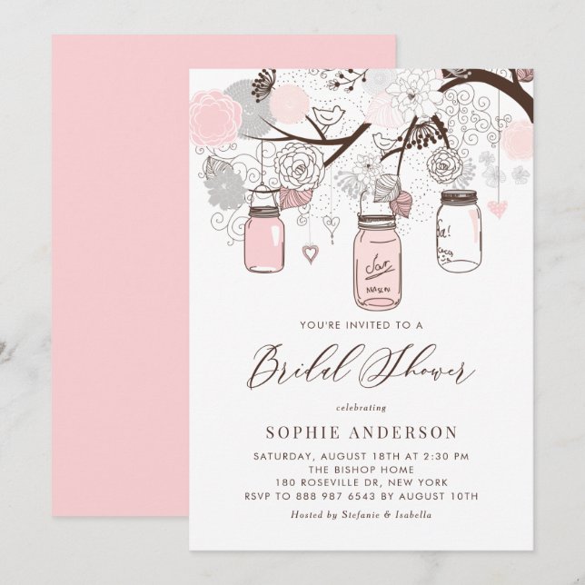 Light Pink and Grey Mason Jars Bridal Shower Invitation (Front/Back)