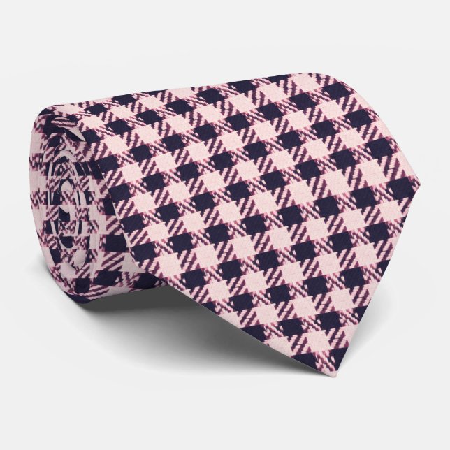 Light pink and navy blue houndstooth  tie (Rolled)