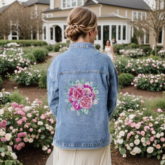 Light Pink and Purple Peonies Denim Jacket (Wedding Back)