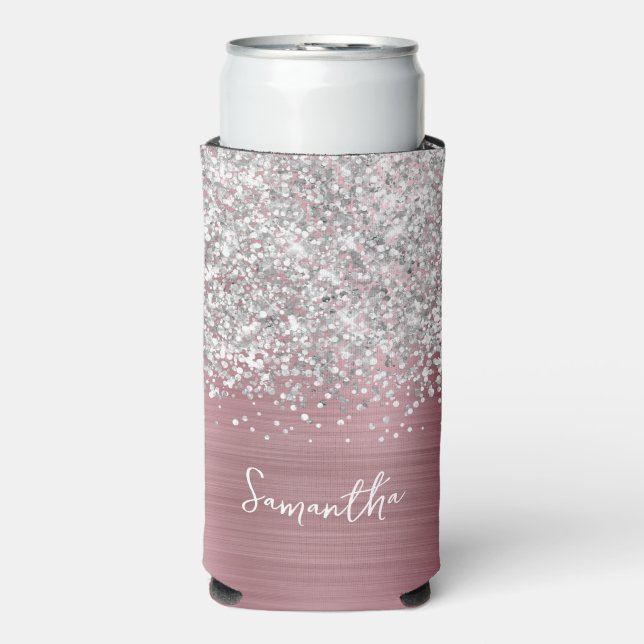 Light Pink and Silver Glittery Glam Script Name Seltzer Can Cooler (Seltzer Front)