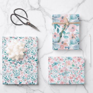 Light Pink and Teal Watercolor Floral Pattern  Wrapping Paper Sheet