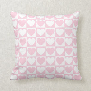 Light Pink and White Checkered Pattern With Hearts Throw Pillow