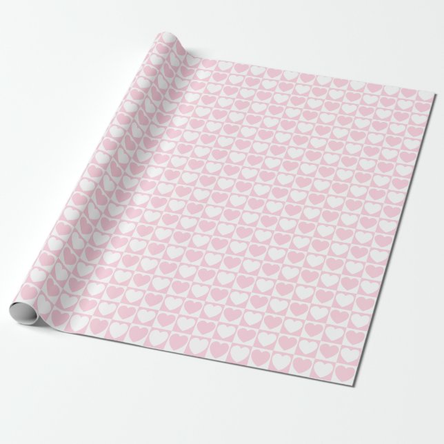 Light Pink and White Chequered Pattern With Hearts Wrapping Paper (Unrolled)