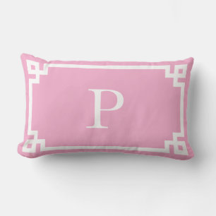 Light Pink and White Greek Key Monogram Lumbar Pillow