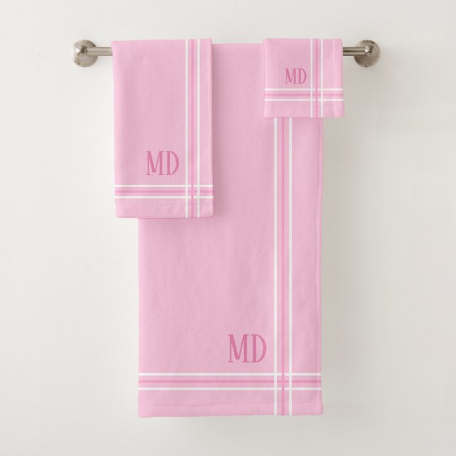 Light Pink and White Striped Custom Initials Bath Towel Set (Insitu)