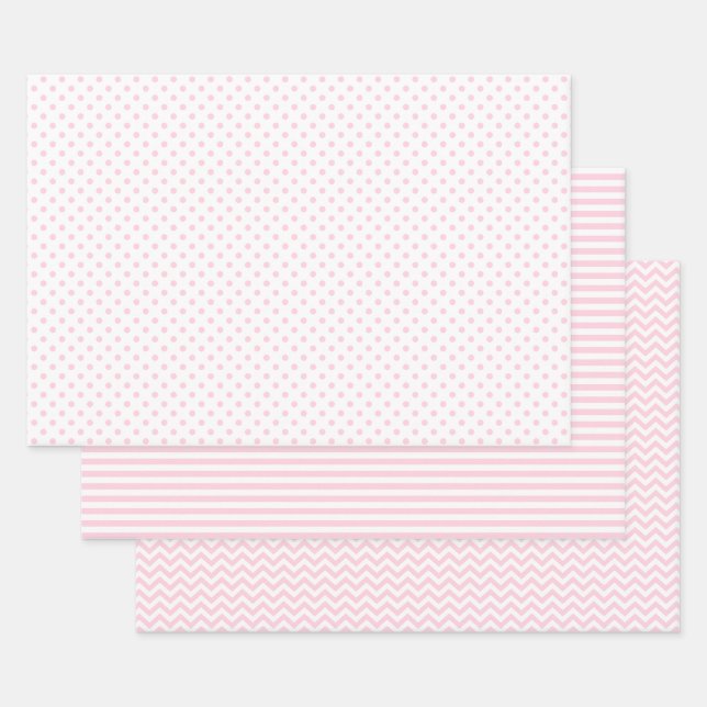 Light Pink and White Stripes Chevron Polka Dots Wrapping Paper Sheet (Set)
