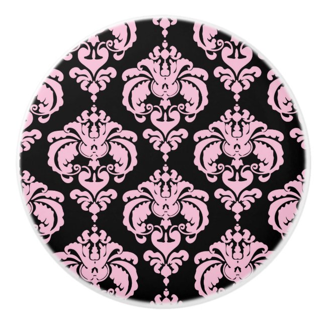 Light Pink & Black Damask Elegant Chic Bedroom Ceramic Knob (Front)