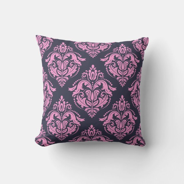 Light Pink & Blue Damasks Pattern Throw Pillow (Front)