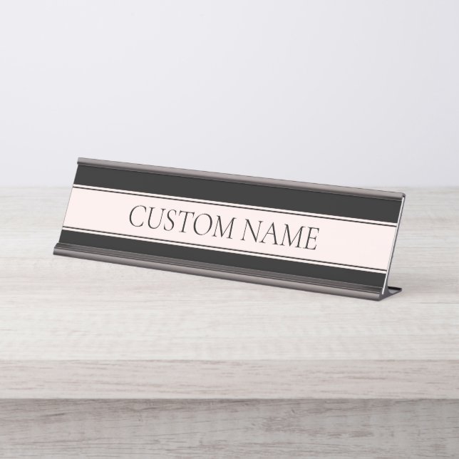 Light Pink Blush Stripe & Elegant Editable Text Desk Name Plate (Front)