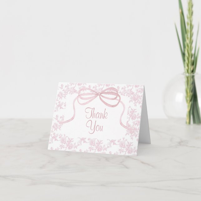 Light Pink Bow and Toile Baby Shower Thank You Card (Front)