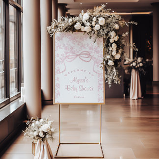 Light Pink Bow and Toile Baby Shower Welcome Poster