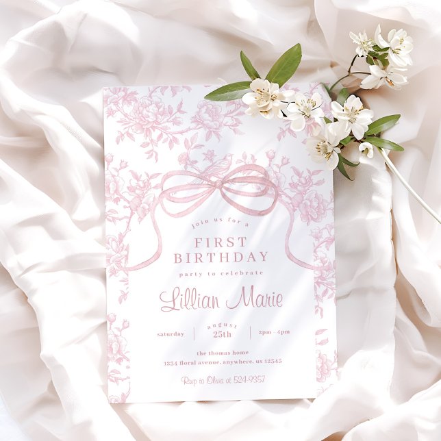 Light Pink Bow and Toile Birthday Invitation (Creator Uploaded)