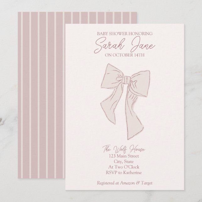 light pink bow drawing baby shower invitation (Front/Back)