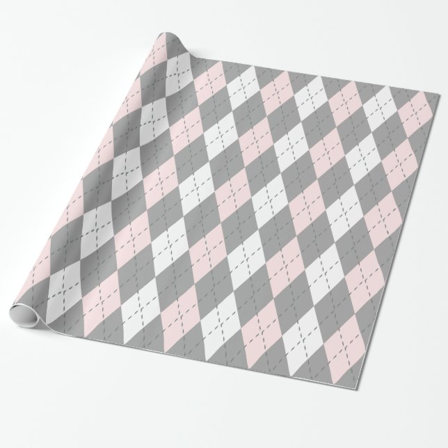 Light Pink Charcoal Dk Grey Wht XL Argyle Wrapping Paper (Unrolled)