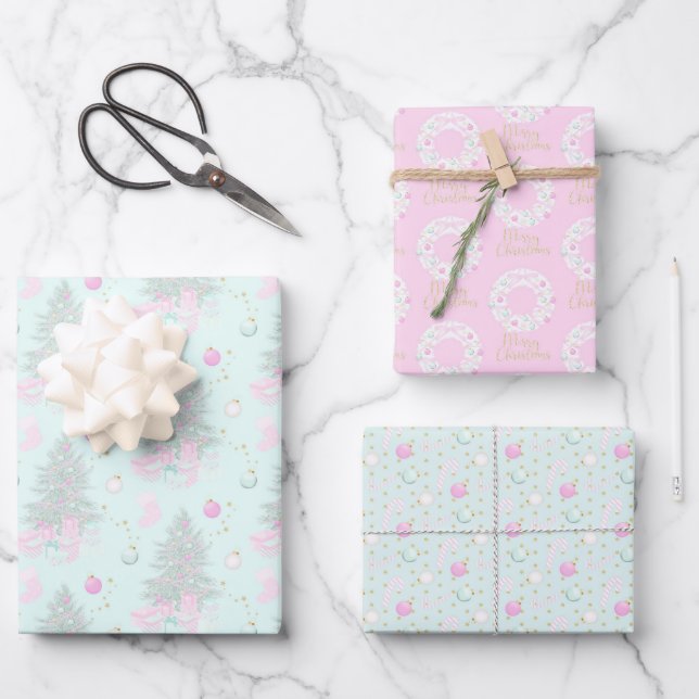 Light Pink Christmas Tree Ornament Wrapping Paper Sheet (Front)