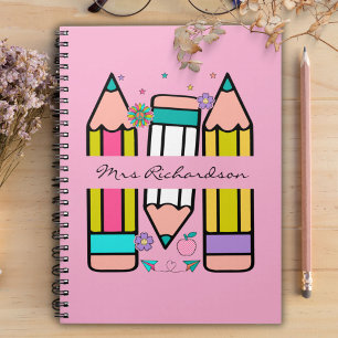 Light Pink Colourful teacher name pencil cartoon  Notebook