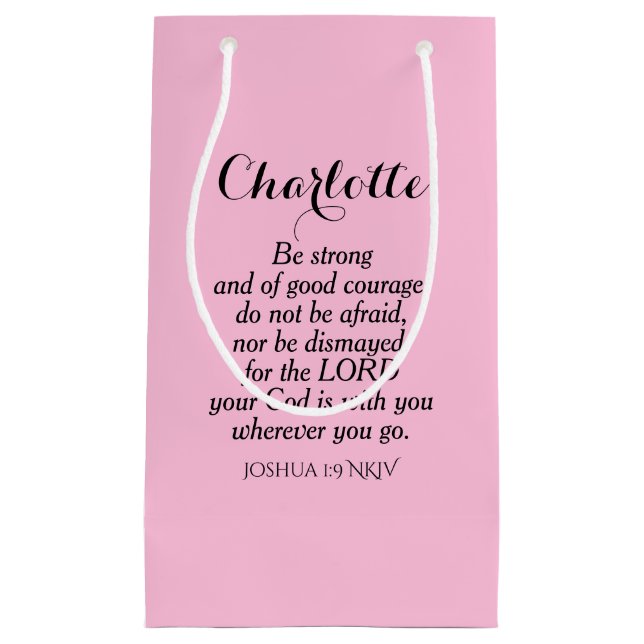 Light Pink Courage Bible Verse Custom Name Simple Small Gift Bag (Front)