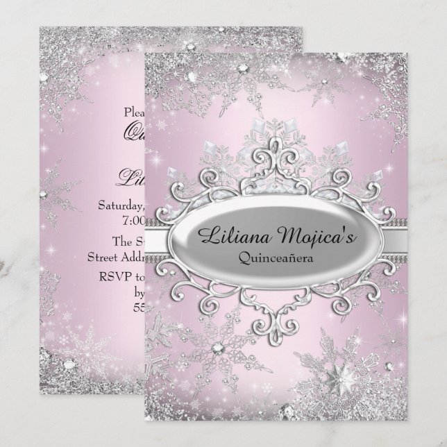 Light Pink Crystal Snowflake Princess Quinceanera Invitation (Front/Back)