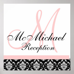 Light Pink Damask  Monogram Wedding Reception Poster