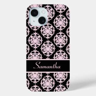 Light Pink Damask on Black iPhone 15 Case