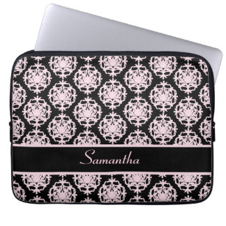 Light Pink Damask on Black Laptop Sleeve