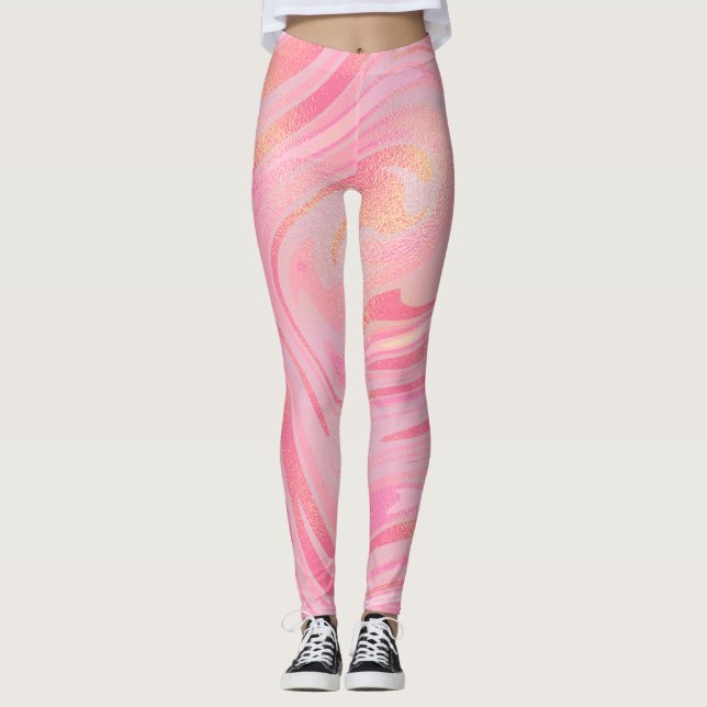 Light Pink Dark Pink & Gold Glitter Swirl Pattern Leggings (Front)