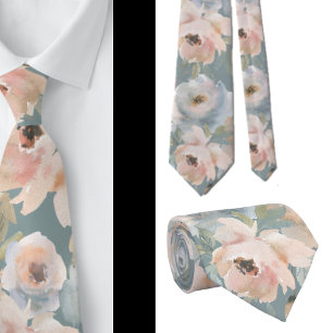 Light Pink Dusty Blue Roses Floral Neck Ties