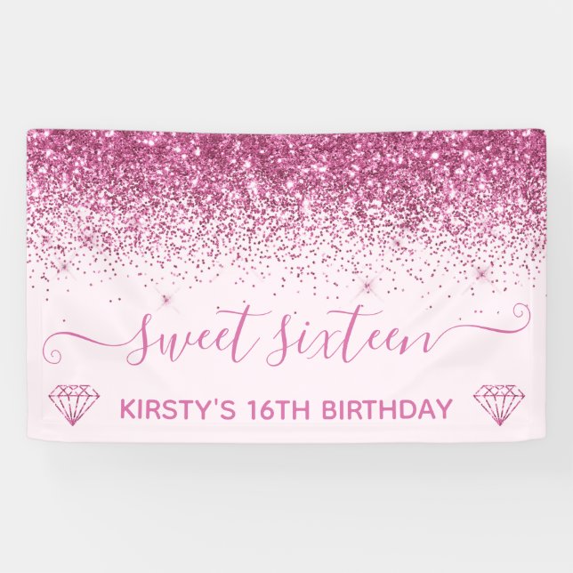 Light Pink & Faux Pink Glitter Sweet 16 Banner (Horizontal)