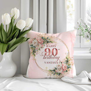 Light Pink Floral Greenery 90th Birthday Pillow