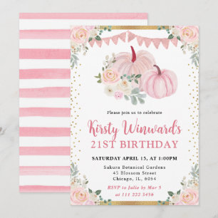 Light Pink Floral Pumpkin Fall 21st Birthday Invitation