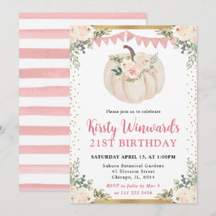 Light Pink Floral Pumpkin Fall 21st Birthday Invitation