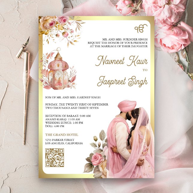 Light Pink Floral QR Code Anand Karaj Sikh Wedding Invitation (Creator Uploaded)