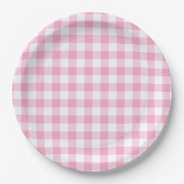 Light Pink Gingham Check Paper Plate (Front)