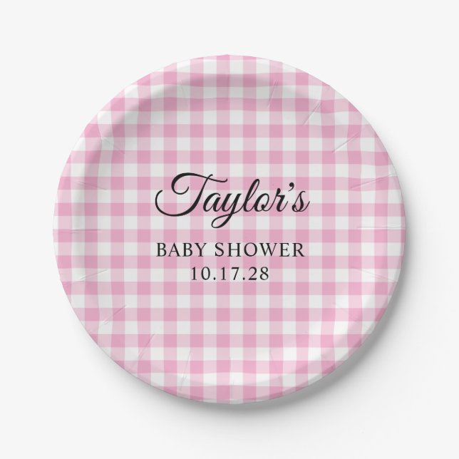 Light Pink Gingham Plaid Baby Shower Paper Plate (Front)